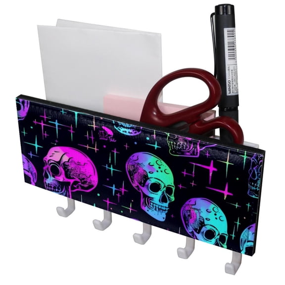 PhooArto Key Holder for Wall Decorative with 5 Key Hooks, Neon Skull Head Pattern Holders Wall Mount Organizer with Mail Key Rack, Self Adhesive