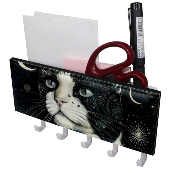 PhooArto Key Holder for Wall Decorative with 5 Key Hooks, Night Star Moon Cat Holders Wall Mount Organizer with Mail Key Rack, Self Adhesive
