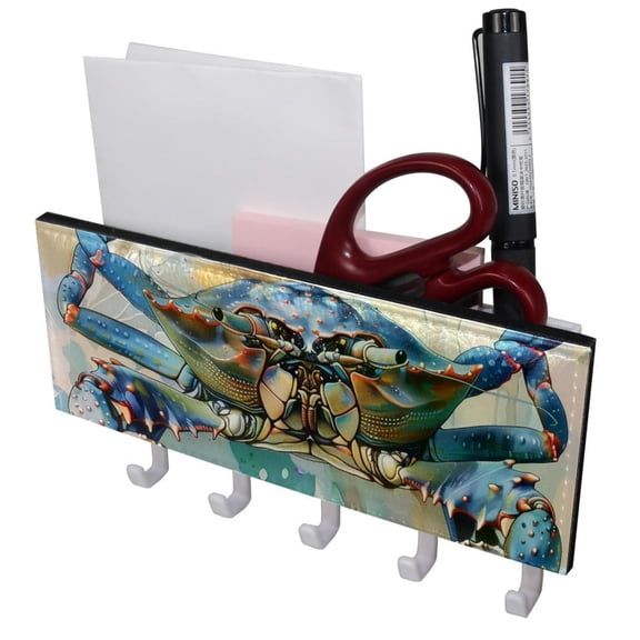 PhooArto Key Holder for Wall Decorative with 5 Key Hooks, Ocean Crab Painting Holders Wall Mount Organizer with Mail Key Rack, Self Adhesive