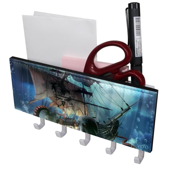 PhooArto Key Holder for Wall Decorative with 5 Key Hooks, Ocean Nautical Ship Octopus Holders Wall Mount Organizer with Mail Key Rack, Self Adhesive