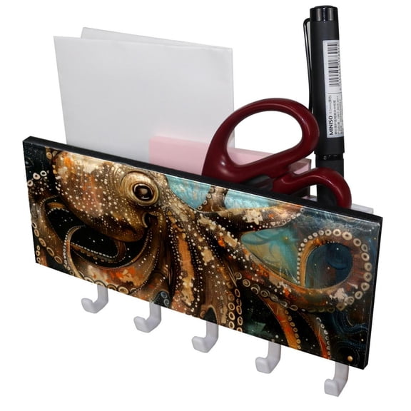 PhooArto Key Holder for Wall Decorative with 5 Key Hooks, Ocean Octopus Painting Holders Wall Mount Organizer with Mail Key Rack, Self Adhesive