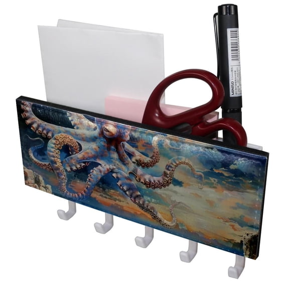 PhooArto Key Holder for Wall Decorative with 5 Key Hooks, Ocean Octopus on Sky Holders Wall Mount Organizer with Mail Key Rack, Self Adhesive
