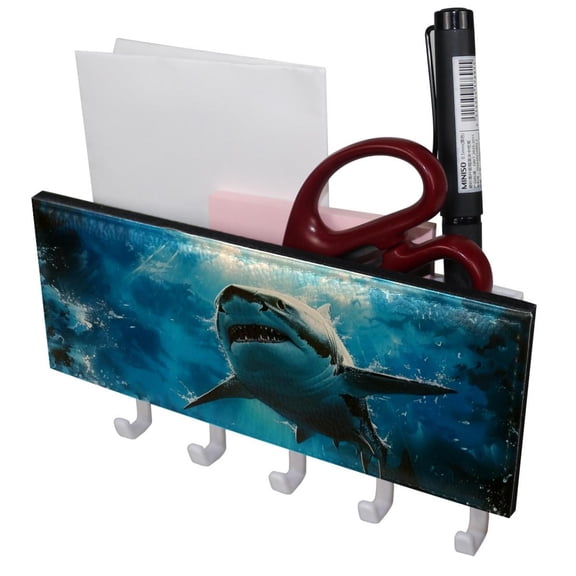 PhooArto Key Holder for Wall Decorative with 5 Key Hooks, Ocean Shark on Sky Holders Wall Mount Organizer with Mail Key Rack, Self Adhesive