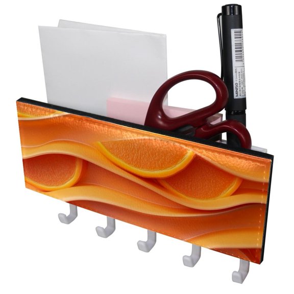 PhooArto Key Holder for Wall Decorative with 5 Key Hooks, Orange Slices Wave Pattern Holders Wall Mount Organizer with Mail Key Rack, Self Adhesive