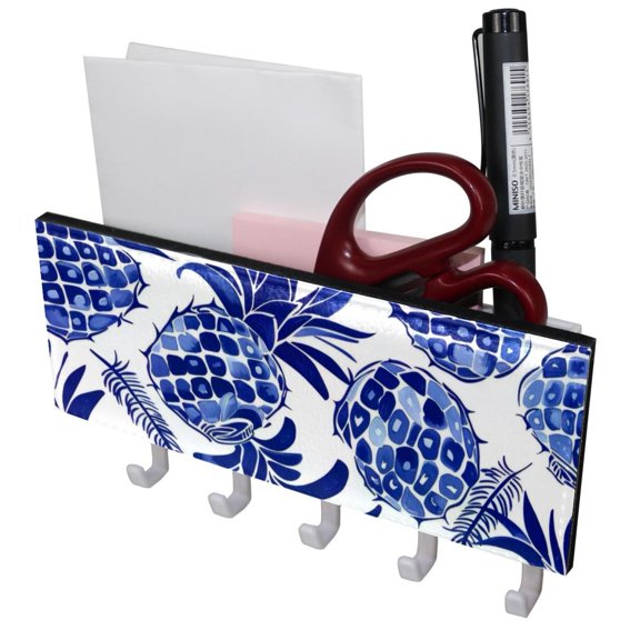 PhooArto Key Holder for Wall Decorative with 5 Key Hooks, Pineapple Blue Pattern Holders Wall Mount Organizer with Mail Key Rack, Self Adhesive