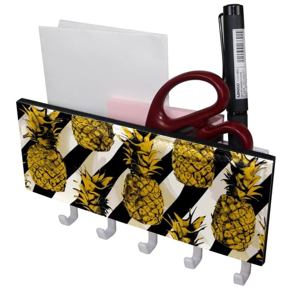 PhooArto Key Holder for Wall Decorative with 5 Key Hooks, Pineapple Stripes Pattern Holders Wall Mount Organizer with Mail Key Rack, Self Adhesive
