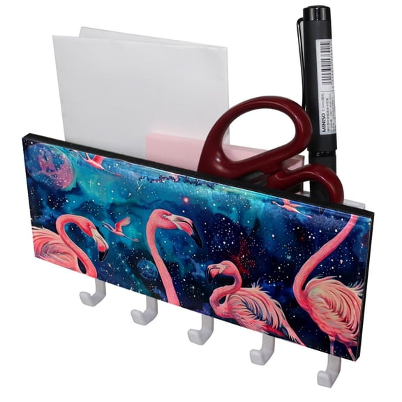 PhooArto Key Holder for Wall Decorative with 5 Key Hooks, Pink Flamingo Galaxy Space Holders Wall Mount Organizer with Mail Key Rack, Self Adhesive