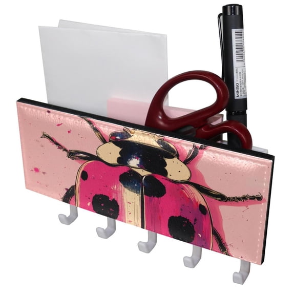 PhooArto Key Holder for Wall Decorative with 5 Key Hooks, Pink Ladybug Print Holders Wall Mount Organizer with Mail Key Rack, Self Adhesive
