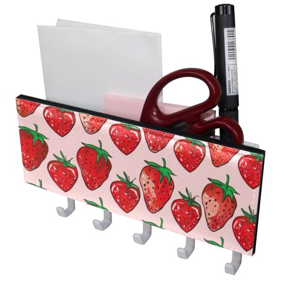 PhooArto Key Holder for Wall Decorative with 5 Key Hooks, Pink Strawberries Pattern Holders Wall Mount Organizer with Mail Key Rack, Self Adhesive