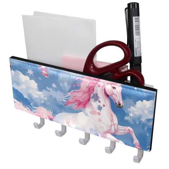 PhooArto Key Holder for Wall Decorative with 5 Key Hooks, Pink Unicorns Star Pattern Holders Wall Mount Organizer with Mail Key Rack, Self Adhesive