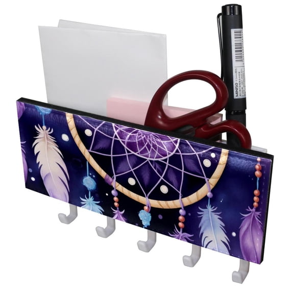 PhooArto Key Holder for Wall Decorative with 5 Key Hooks, Purple Dreamcatcher Pattern Holders Wall Mount Organizer with Mail Key Rack, Self Adhesive