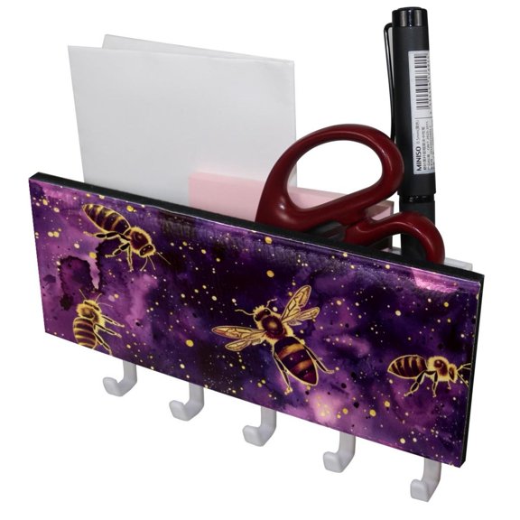 PhooArto Key Holder for Wall Decorative with 5 Key Hooks, Purple Galaxy Bees Pattern Holders Wall Mount Organizer with Mail Key Rack, Self Adhesive