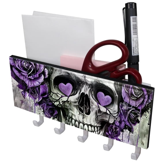 PhooArto Key Holder for Wall Decorative with 5 Key Hooks, Purple Rose Skull Love Holders Wall Mount Organizer with Mail Key Rack, Self Adhesive