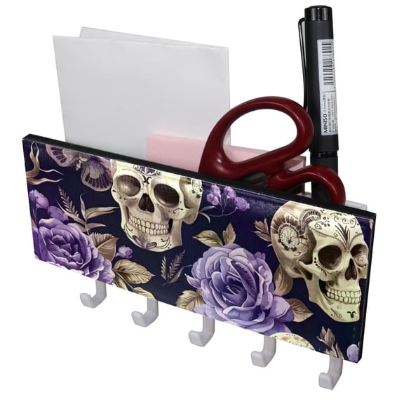 PhooArto Key Holder for Wall Decorative with 5 Key Hooks, Purple Rose Sugar Skull Holders Wall Mount Organizer with Mail Key Rack, Self Adhesive
