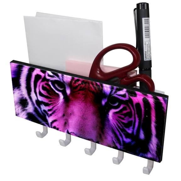 PhooArto Key Holder for Wall Decorative with 5 Key Hooks, Purple Tiger Head Holders Wall Mount Organizer with Mail Key Rack, Self Adhesive