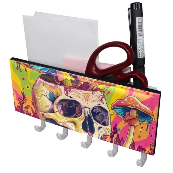 PhooArto Key Holder for Wall Decorative with 5 Key Hooks, Rainbow Skull Mushrooms Holders Wall Mount Organizer with Mail Key Rack, Self Adhesive