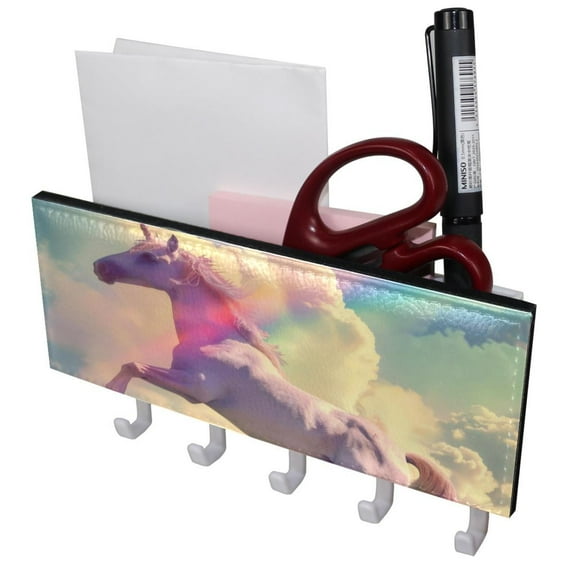 PhooArto Key Holder for Wall Decorative with 5 Key Hooks, Rainbow and Unicorn Sky Holders Wall Mount Organizer with Mail Key Rack, Self Adhesive