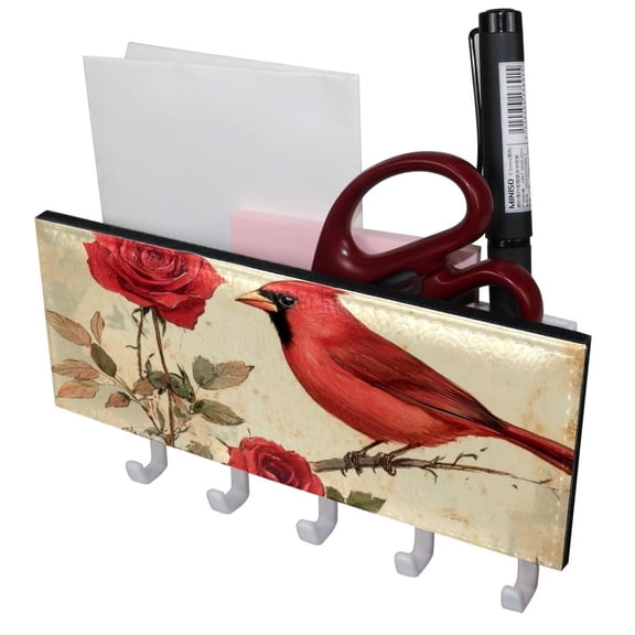 PhooArto Key Holder for Wall Decorative with 5 Key Hooks, Red Bird Rose Music Notes Holders Wall Mount Organizer with Mail Key Rack, Self Adhesive