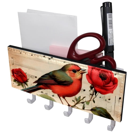 PhooArto Key Holder for Wall Decorative with 5 Key Hooks, Red Bird Roses Music Notes Holders Wall Mount Organizer with Mail Key Rack, Self Adhesive
