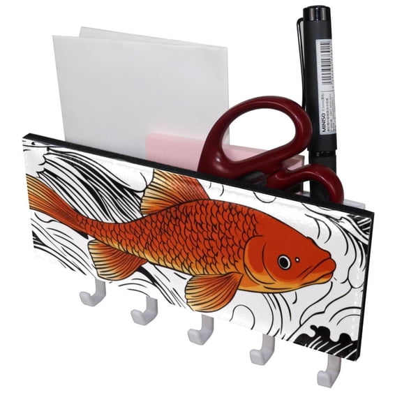 PhooArto Key Holder for Wall Decorative with 5 Key Hooks, Red Carp Wave Pattern Holders Wall Mount Organizer with Mail Key Rack, Self Adhesive