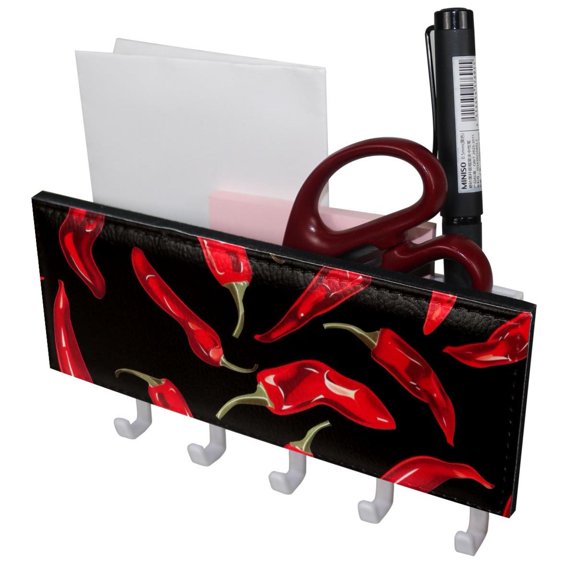 PhooArto Key Holder for Wall Decorative with 5 Key Hooks, Red Chili Peppers Pattern Holders Wall Mount Organizer with Mail Key Rack, Self Adhesive