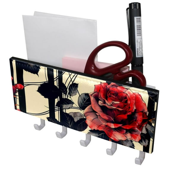 PhooArto Key Holder for Wall Decorative with 5 Key Hooks, Red Roses Lines Pattern Holders Wall Mount Organizer with Mail Key Rack, Self Adhesive