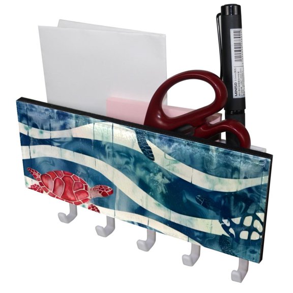 PhooArto Key Holder for Wall Decorative with 5 Key Hooks, Red Turtles on Wave Stripe Holders Wall Mount Organizer with Mail Key Rack, Self Adhesive