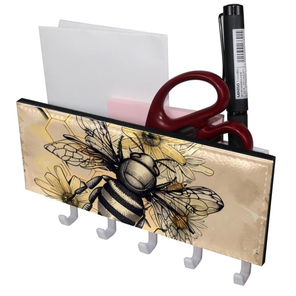 PhooArto Key Holder for Wall Decorative with 5 Key Hooks, Retro Honey Bee Floral Holders Wall Mount Organizer with Mail Key Rack, Self Adhesive