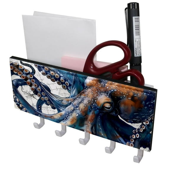 PhooArto Key Holder for Wall Decorative with 5 Key Hooks, Retro Map Blue Octopus Holders Wall Mount Organizer with Mail Key Rack, Self Adhesive