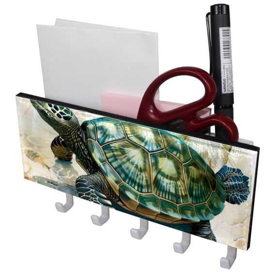 PhooArto Key Holder for Wall Decorative with 5 Key Hooks, Retro Sea Turtle Painting Holders Wall Mount Organizer with Mail Key Rack, Self Adhesive
