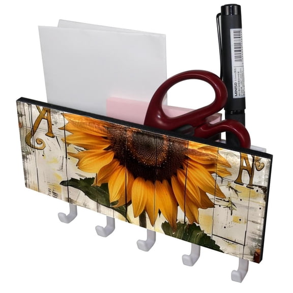 PhooArto Key Holder for Wall Decorative with 5 Key Hooks, Retro Wood Board Sunflower Holders Wall Mount Organizer with Mail Key Rack, Self Adhesive