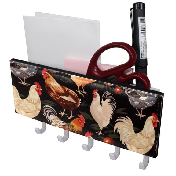 PhooArto Key Holder for Wall Decorative with 5 Key Hooks, Roosters Hens Eggs Pattern Holders Wall Mount Organizer with Mail Key Rack, Self Adhesive