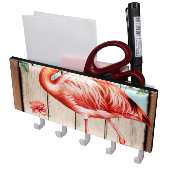 PhooArto Key Holder for Wall Decorative with 5 Key Hooks, Rose Flowers and Flamingo Holders Wall Mount Organizer with Mail Key Rack, Self Adhesive