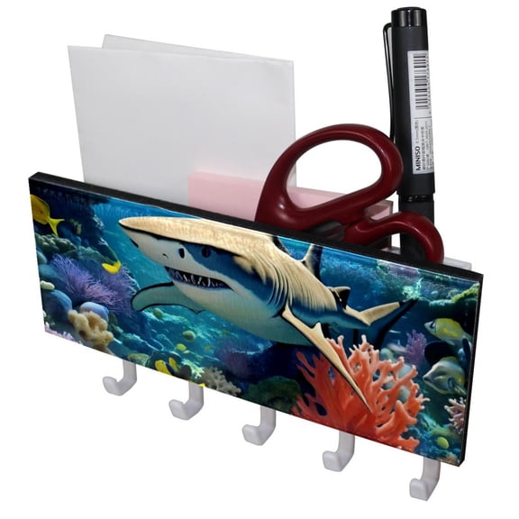 PhooArto Key Holder for Wall Decorative with 5 Key Hooks, Sea Shark Fish Coral Holders Wall Mount Organizer with Mail Key Rack, Self Adhesive