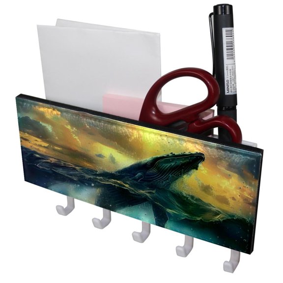 PhooArto Key Holder for Wall Decorative with 5 Key Hooks, Sea Whale Ocean Sunset Holders Wall Mount Organizer with Mail Key Rack, Self Adhesive