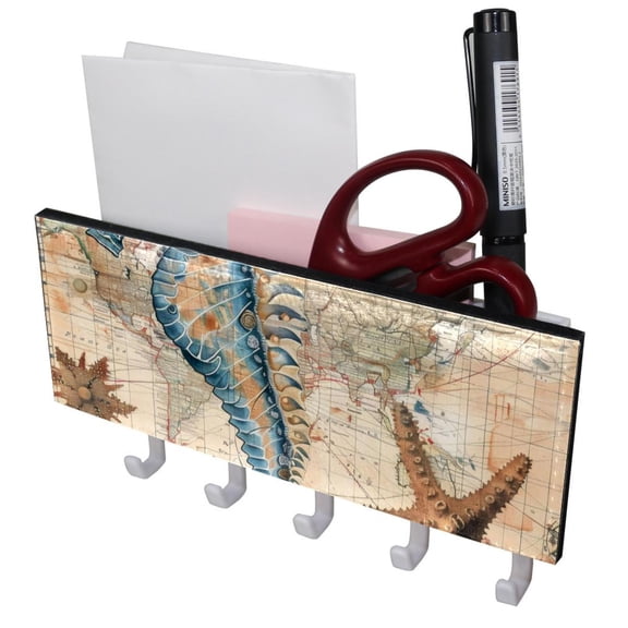 PhooArto Key Holder for Wall Decorative with 5 Key Hooks, Seahorse Starfish and Map Holders Wall Mount Organizer with Mail Key Rack, Self Adhesive