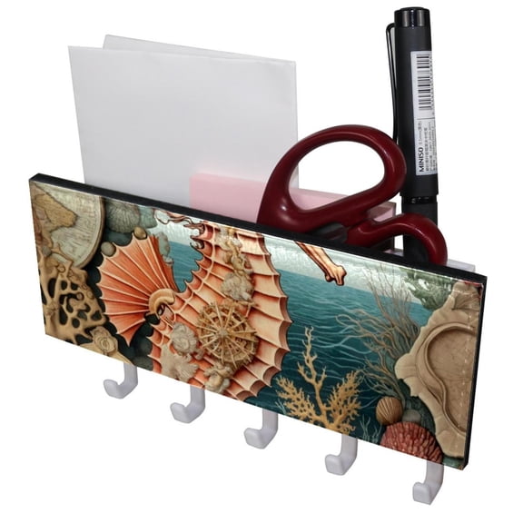 PhooArto Key Holder for Wall Decorative with 5 Key Hooks, Seahorse Vintage Map Holders Wall Mount Organizer with Mail Key Rack, Self Adhesive