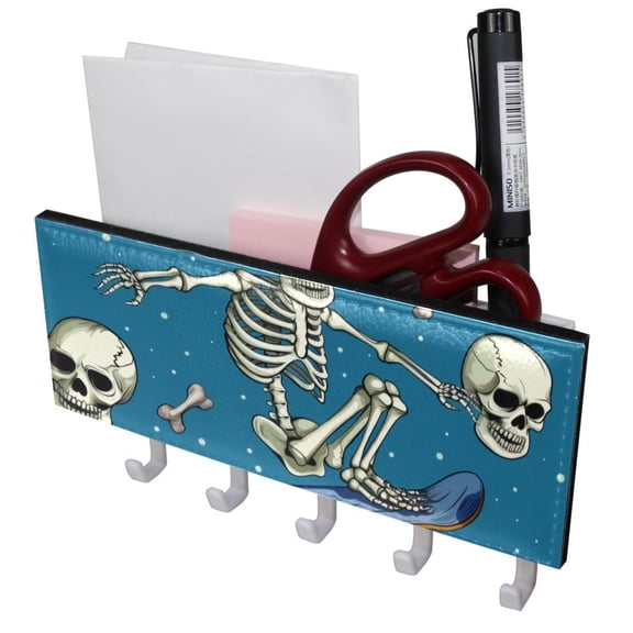 PhooArto Key Holder for Wall Decorative with 5 Key Hooks, Skateboard Skeleton Patterns Holders Wall Mount Organizer with Mail Key Rack, Self Adhesive
