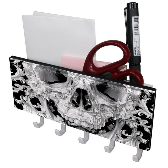 PhooArto Key Holder for Wall Decorative with 5 Key Hooks, Skull Flowers Pattern Holders Wall Mount Organizer with Mail Key Rack, Self Adhesive