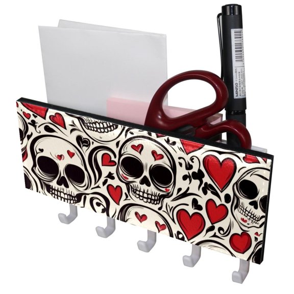 PhooArto Key Holder for Wall Decorative with 5 Key Hooks, Skull Love Hearts Pattern Holders Wall Mount Organizer with Mail Key Rack, Self Adhesive