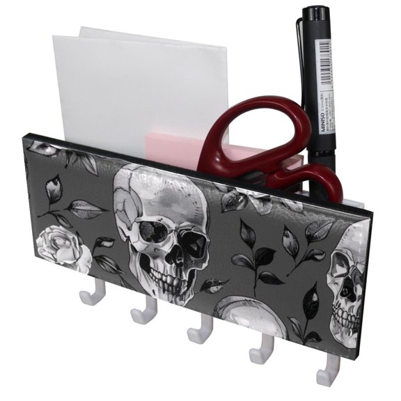 PhooArto Key Holder for Wall Decorative with 5 Key Hooks, Skull Rose Floral Pattern Holders Wall Mount Organizer with Mail Key Rack, Self Adhesive