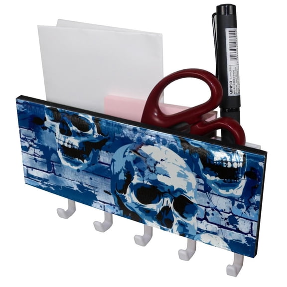 PhooArto Key Holder for Wall Decorative with 5 Key Hooks, Skulls Wall Blue Pattern Holders Wall Mount Organizer with Mail Key Rack, Self Adhesive