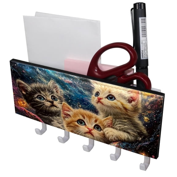 PhooArto Key Holder for Wall Decorative with 5 Key Hooks, Space Galaxy Cats Holders Wall Mount Organizer with Mail Key Rack, Self Adhesive