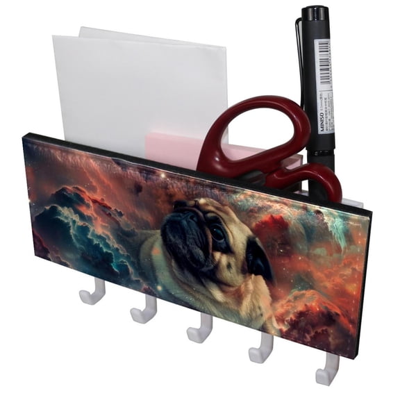 PhooArto Key Holder for Wall Decorative with 5 Key Hooks, Space Galaxy Pug Dog Holders Wall Mount Organizer with Mail Key Rack, Self Adhesive