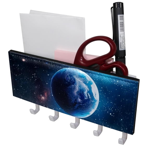 PhooArto Key Holder for Wall Decorative with 5 Key Hooks, Space Planet Pattern Holders Wall Mount Organizer with Mail Key Rack, Self Adhesive