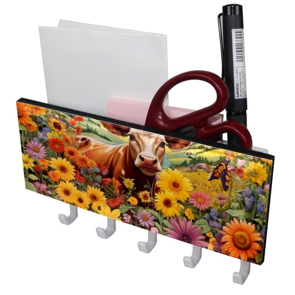 PhooArto Key Holder for Wall Decorative with 5 Key Hooks, Spring Flowers Cow Holders Wall Mount Organizer with Mail Key Rack, Self Adhesive