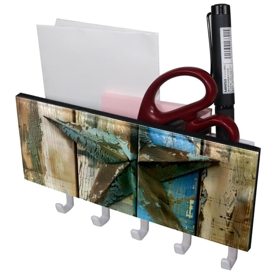 PhooArto Key Holder for Wall Decorative with 5 Key Hooks, Star on Rustic Plank Holders Wall Mount Organizer with Mail Key Rack, Self Adhesive