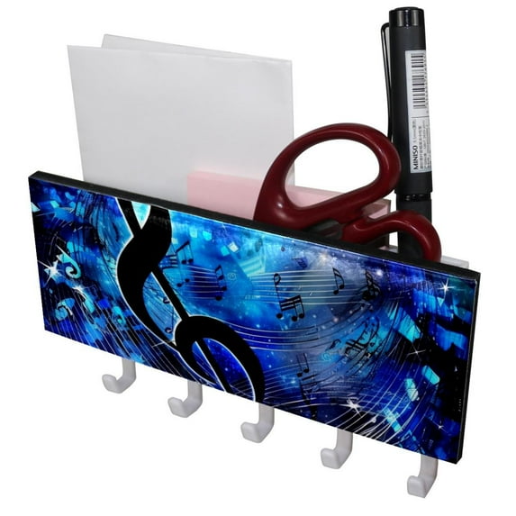 PhooArto Key Holder for Wall Decorative with 5 Key Hooks, Stars Blue Music Notes Holders Wall Mount Organizer with Mail Key Rack, Self Adhesive