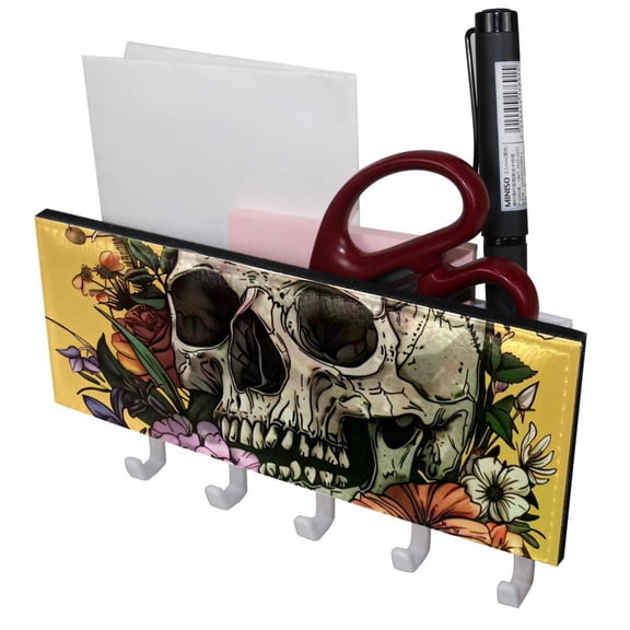 PhooArto Key Holder for Wall Decorative with 5 Key Hooks, Sugar Skull Flower Holders Wall Mount Organizer with Mail Key Rack, Self Adhesive