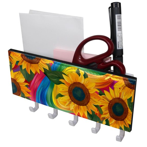 PhooArto Key Holder for Wall Decorative with 5 Key Hooks, Sunflower Rainbow Pattern Holders Wall Mount Organizer with Mail Key Rack, Self Adhesive